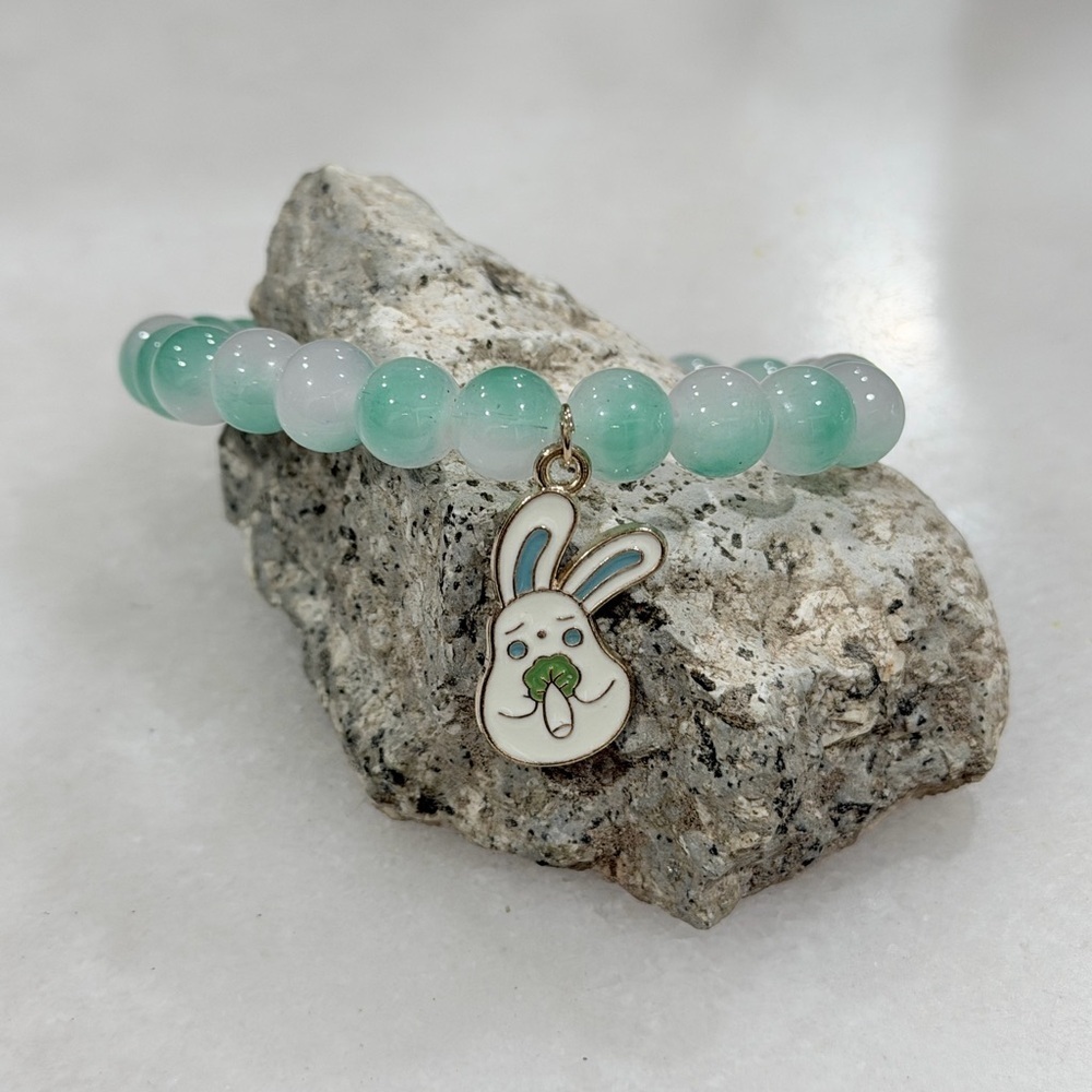 Green Ombre Beaded Bracelet with Bunny Charm